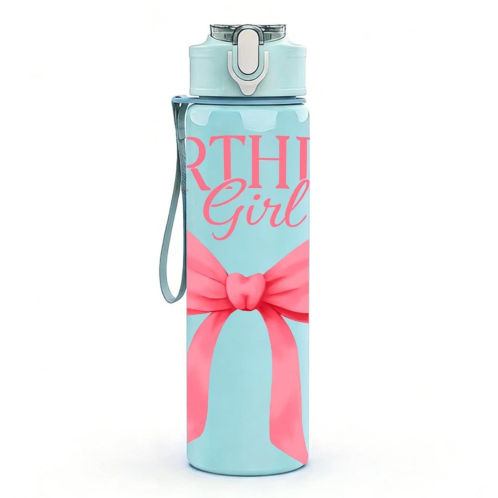 1PC Birthday Girl Pink Bow Ribbon Print 750ml Color Plastic Sports Water Bottle Leakproof Flip Straw Lid Suitable for Sports Office Home Use