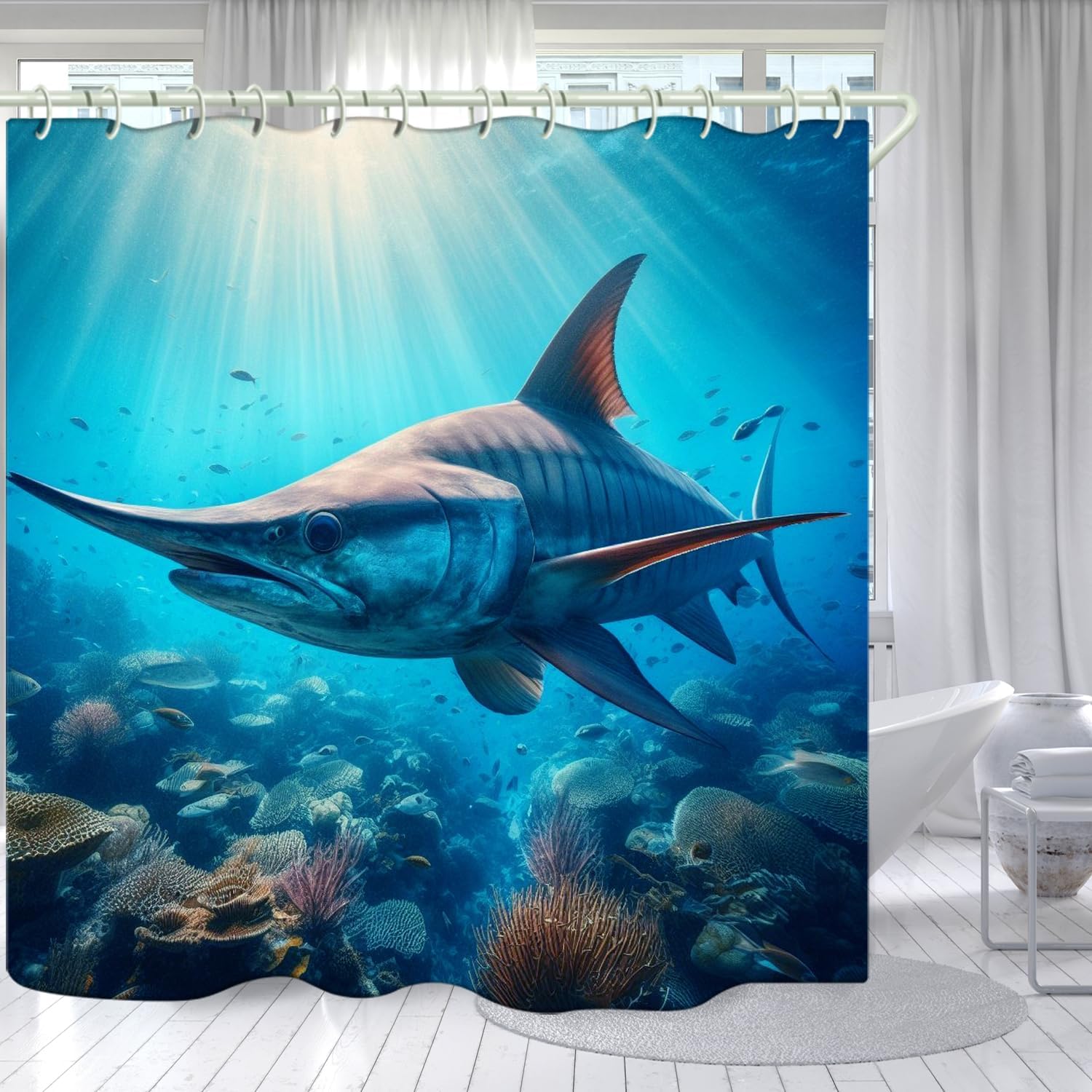 

Bathroom Using Undersea Swordfish 3D Shower Curtain, Luxury Bathtub Standard Shower Curtain, Waterproof and Bright Fabric Shower 90x180cm