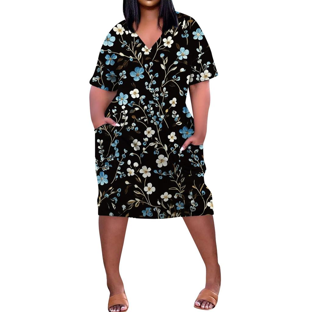 Summer Plus Size V Neck Short Sleeve Knee Pocket  Print Casual Dress For Women