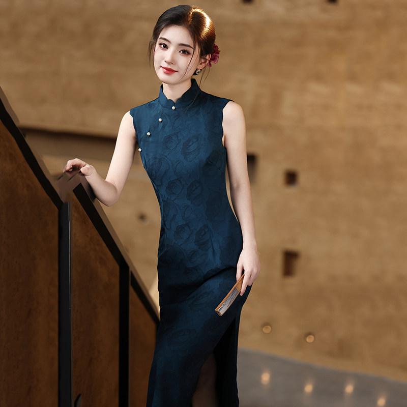Blue sleeveless national style new Chinese style Suzhou long cheongsam improved young 1011 new women's high sense daily