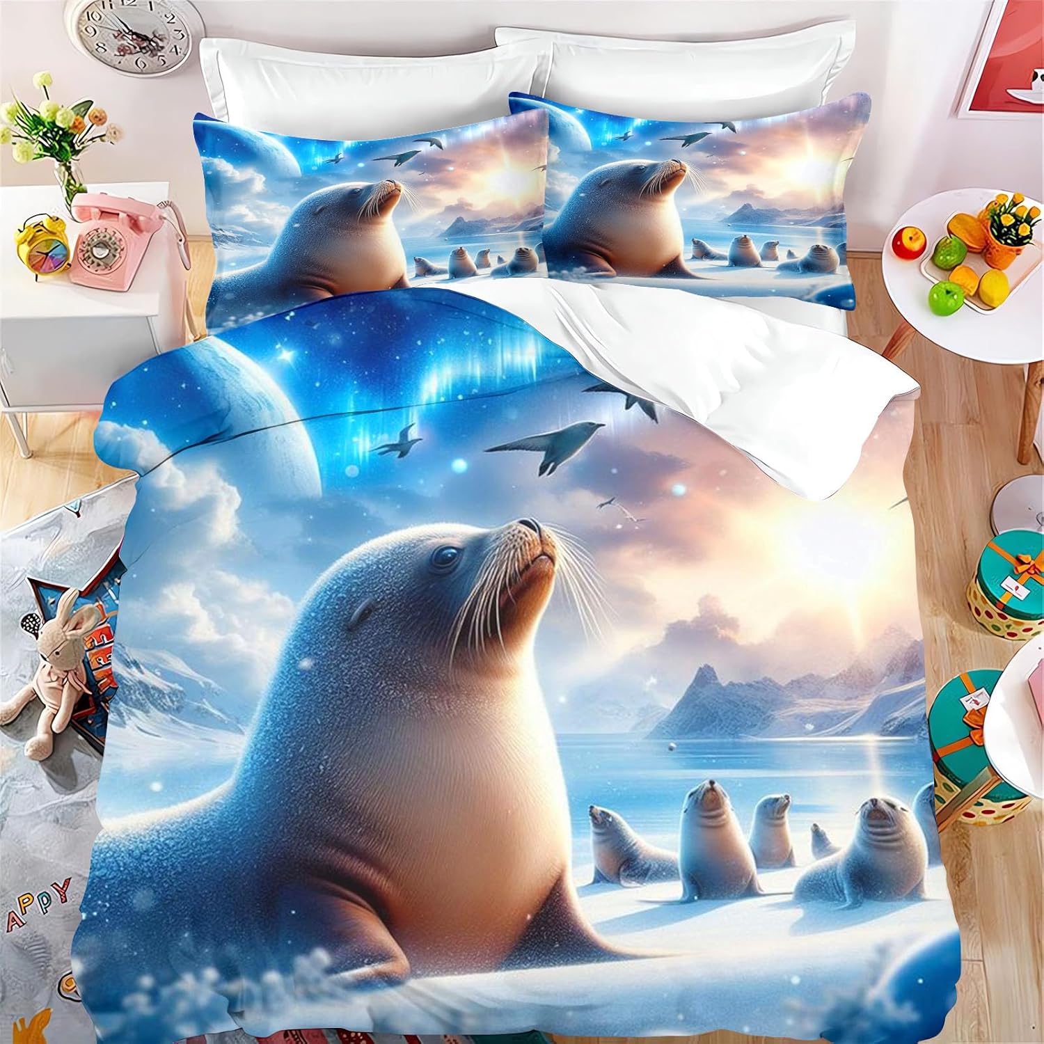

Постельное белье с животными для детей девочек, мультяшный комплект пододеяльника с тюленями, мягкое микрофибровое покрывало с наволочками 75*50 135x200cm
