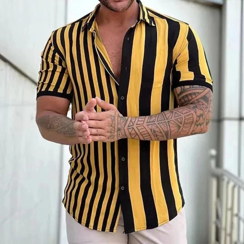 Men's Tropical Plant Print Short Sleeve Shirt, Loose Fit Lapel Button-down Top for Beach Vacation and Daily Wear