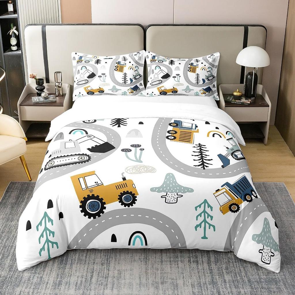 Cartoon Camping Excavator Duvet Cover Set King Size Luxury Truck Bedding Set Camping Essentials 3 Piece Set With 2 Pillowcases