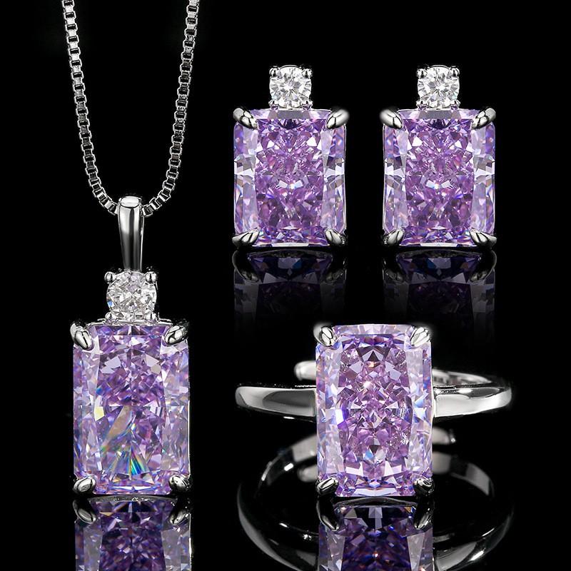 Womens Fashion Jewelry Set With Cubic Zirconia Ice Flower Cut Earrings Necklace Ring Purple Violet Tone Copper Alloy
