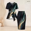 Women Plus Size Two Piece Skirt Set Round Neck Short Sleeve Printed Tie Waist Top Fitted Skirt