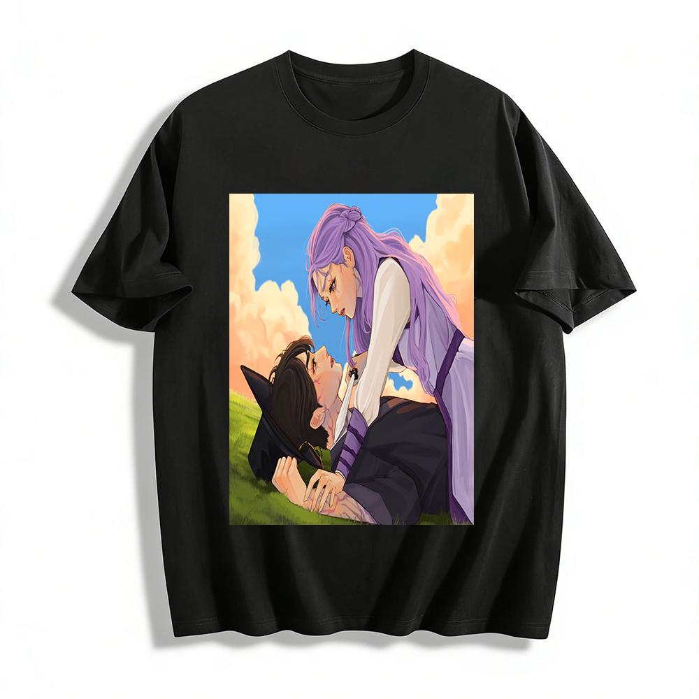 Ancient Style Sad Love CP Print Top Purple-haired Girl & Injured Guy Anime Comic Casual T-shirt Pure cotton T-shirt XXS