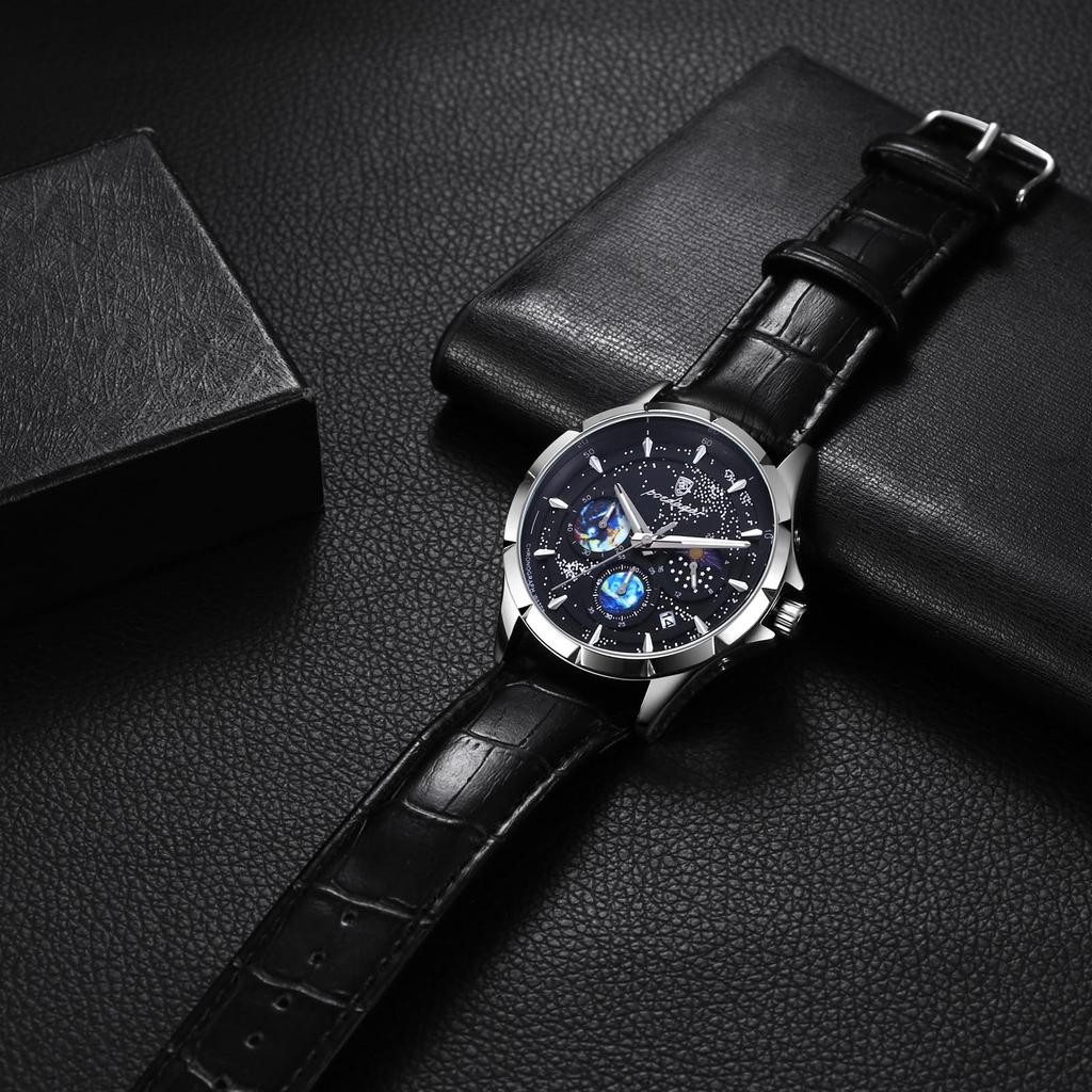 Starry Sky Watch with Leather Luminous Analog Quartz Watch with Leather Fashion Watch Boyfriend Gift Men's Strap, Waterproof Calendar, Strap, -
