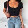 Buttons Summer Crop Top T-shirt Women Corset Skinny Knitted Tee Shirt Femme Casual Basic Sexy Tshirt Woman
