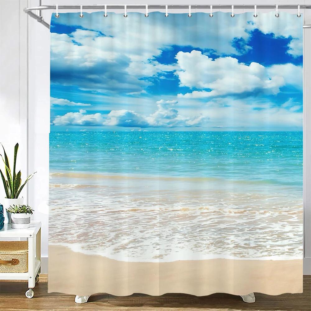 3D Seascape Beach Printed Fabric Shower Curtains Bathroom Curtain Bath Screen Waterproof Products Home Decor with Hooks