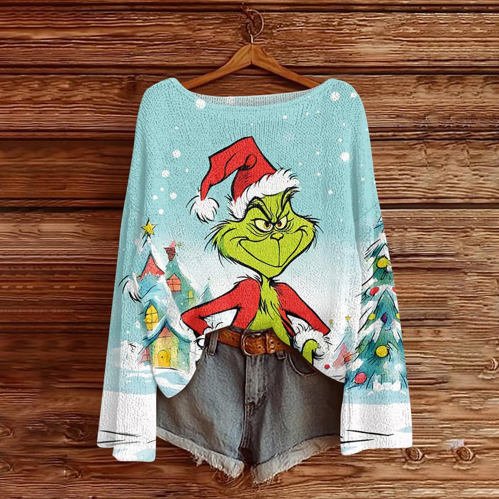 Women's Fashion Round Neck Long Sleeve Christmas Print Casual Knit Pullover Top