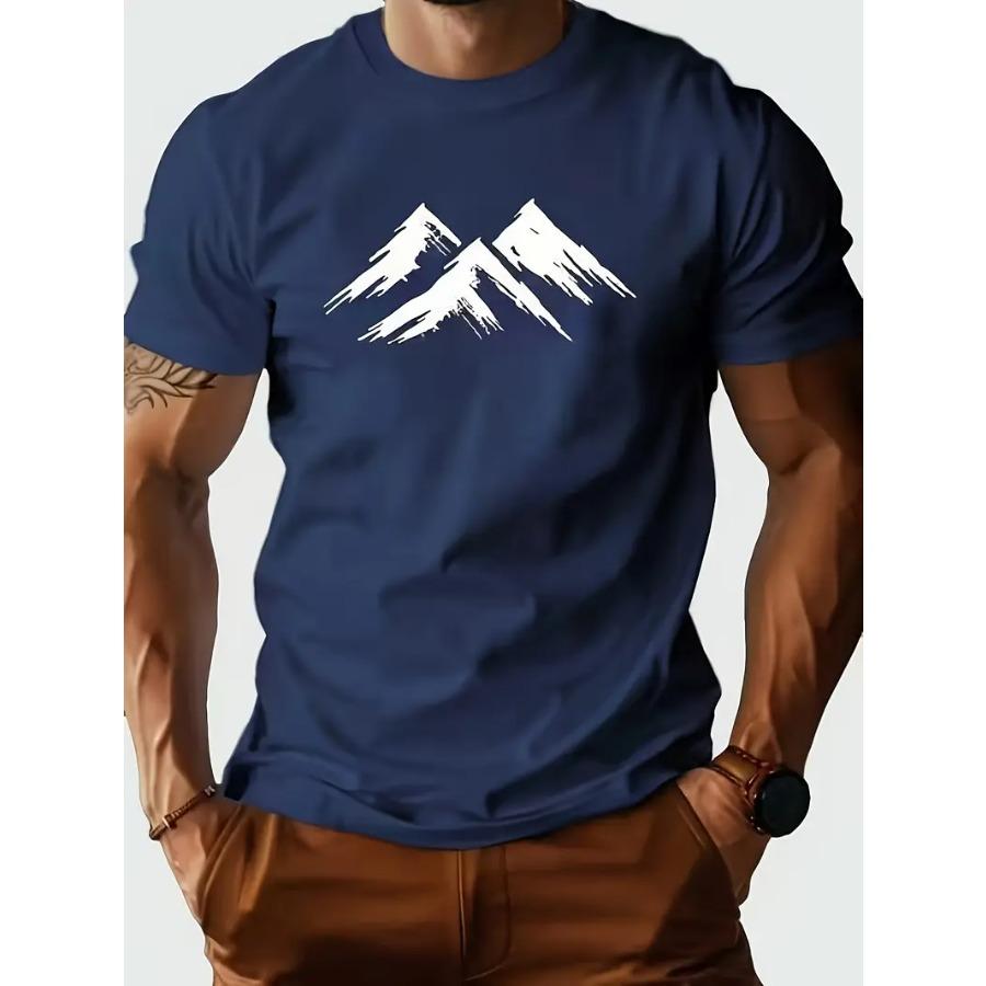 Men's 100% Pure Cotton Mountain Pattern Printed T-shirt, Casual Short Sleeved Round Neck T-shirt, Men Summer Outdoor Clothing