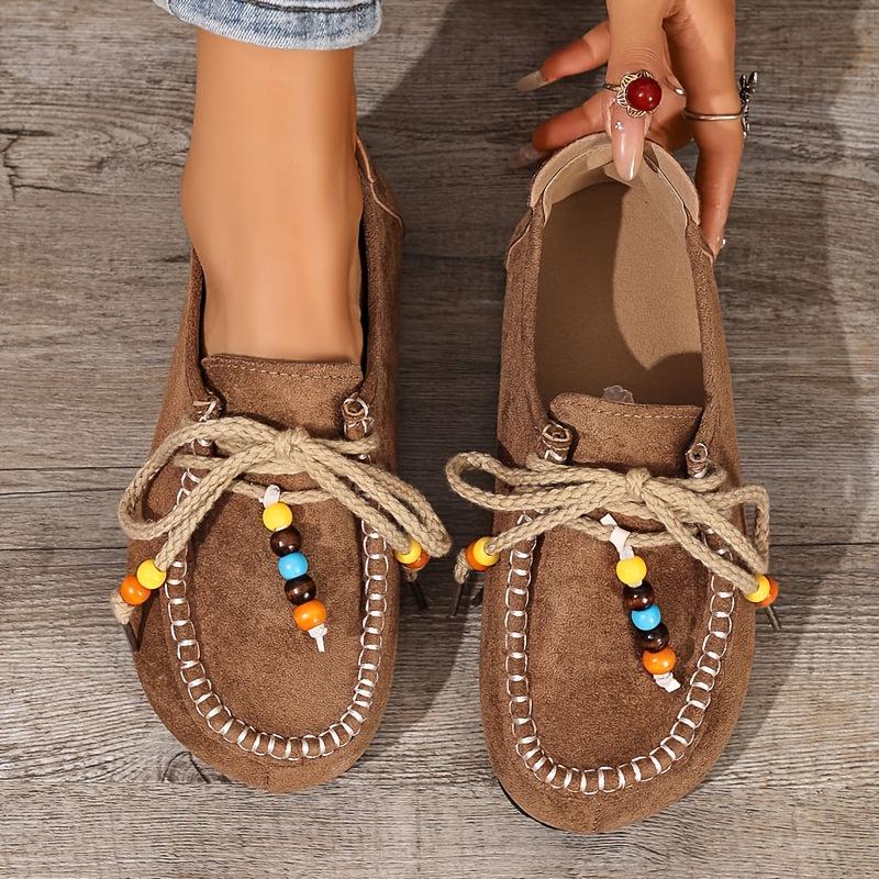Boho Beaded Fringe Lace-Up Penny Loafers for Women , Tassel Loafers, Ladies Loafers