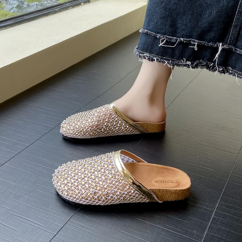 2025 summer rhinestone full diamond slippers breathable fishing net hollow bag head half slippers wear flat sandals