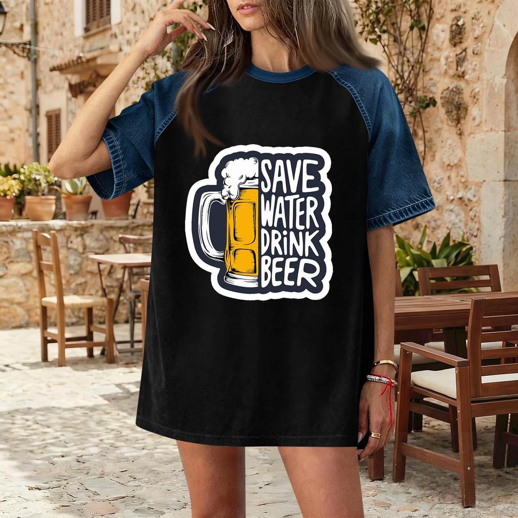 Casual Women Denim Patchwork Oktoberfest Graphic T Shirt Comfortable Short Sleeve Loose Fit Top for Daily Wear