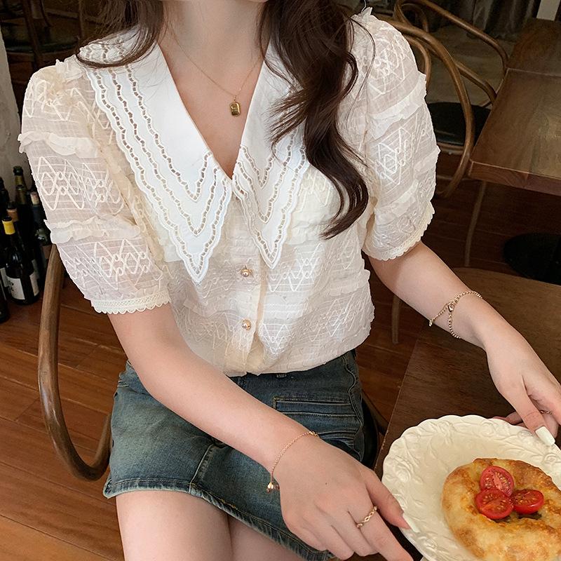2024 Sommer Koreanischer Stil Vielseitiges Peter Pan Kragen Spitzenoberteil mit kurzen Ärmeln