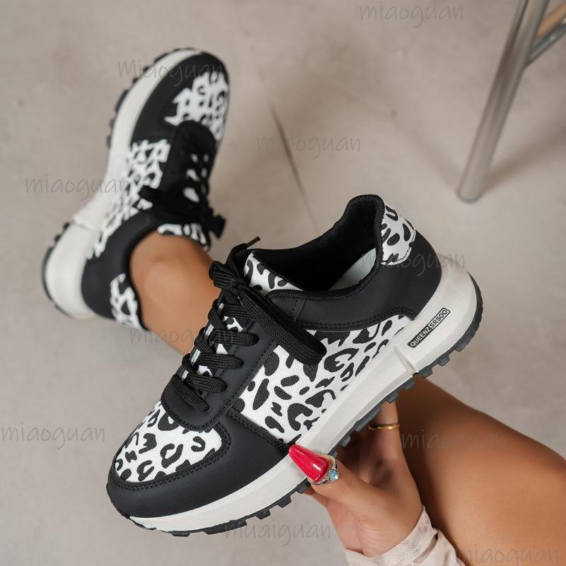 Módní dámské ležérní tenisky černo-bílé leopardí sportovní boty pro ženy šněrovací klínový podpatek protiskluzové vulkanizované boty Tenis De Mujer