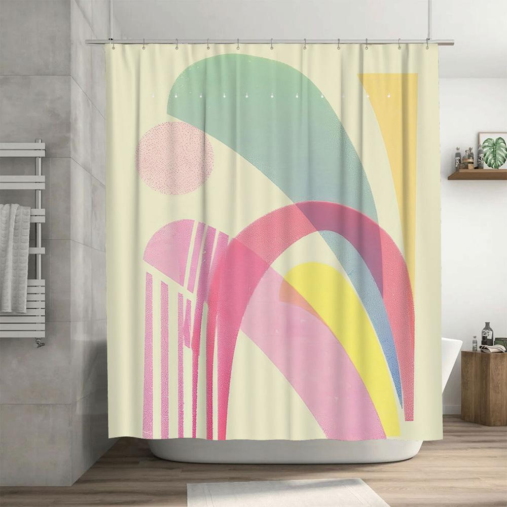 Modern Shower Curtain, Bold Color Block Design, Polyester Fabric with Hooks for Bathroom Decor Pink Yellow Green Red Blue Stripe