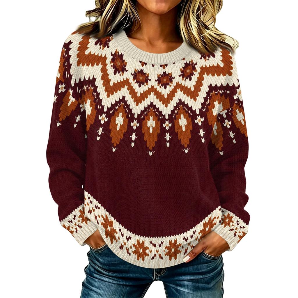 Women's Casual Long Sleeve Round Neck Knit Sweater with Geometric Print