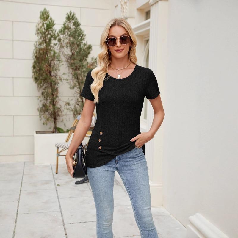 Top de damă nou, culoare uni, cu gât rotund, la modă, cu nasturi și volane la mânecile scurte