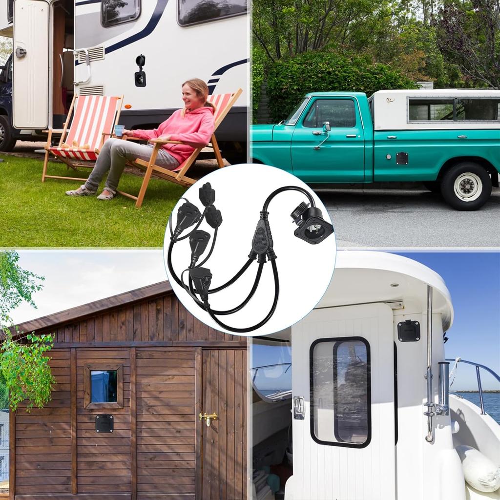 KUNCAN 15A AC Port Plug - 125V Power Inlet Socket With Triple 18 Inch Extension Cord, NEMA 5-15 Plug Flanged Inlet With Waterproof Cover Outdoor