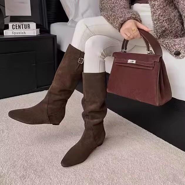 French Suede Medium Boots Women's 2025 Autumn and Winter New Pointed Matte Retro But Knee Western Cowboy Women's Boots