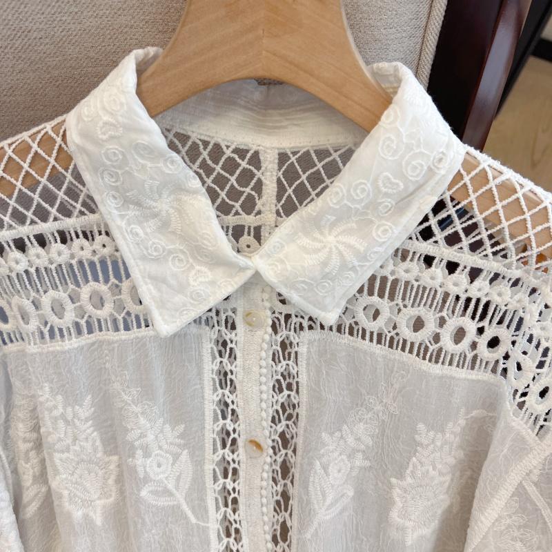 DIMANAF 2025 New Summer Buttons Shirt Women Lace Blouse Embroidery Short Sleeve Fashion Tops Tees Casual Loose Tees