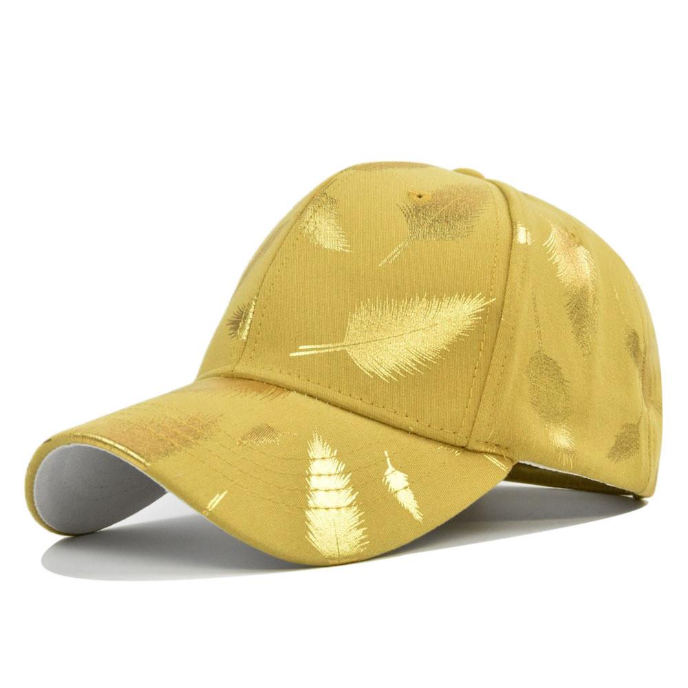 Summer Adjustable Cotton Baseball Cap With Gold Leaf Print Round Top And Curved Brim In Various Colors