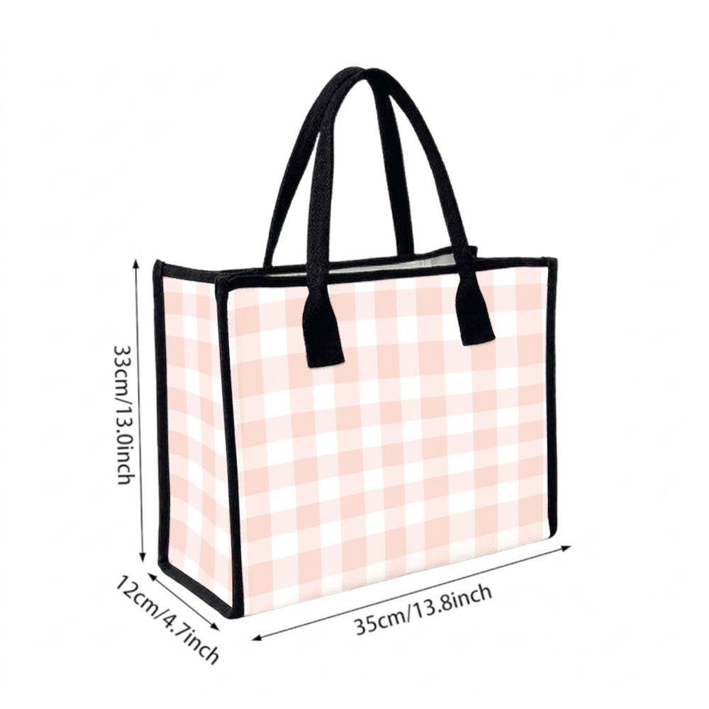 Pink Plaid Canvas Tote Bag Casual Daily Handbag Large Capacity Lightweight Shopping Shoulder Bag for Women