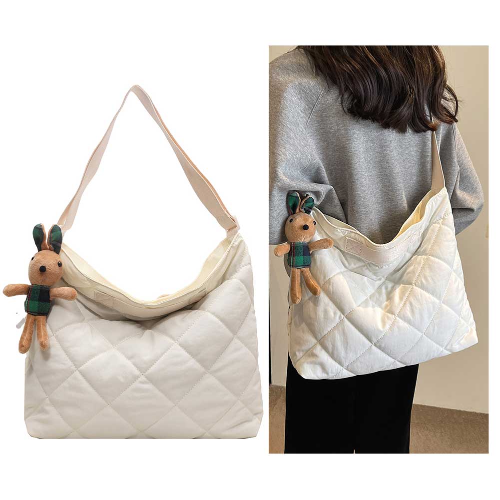 

Women Quilted Tote Bag with Pendant Satchel Sling Bag Large Capacity Padded Shoulder Bag Messenger Bag Daily Dating Bag