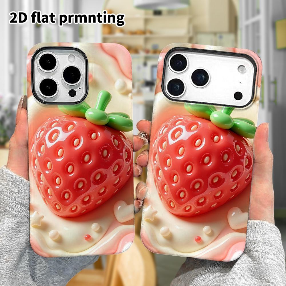 Phone Case: 2D Flat Design Suitable for iPhone 18 17 16 15 14 13 Pro Protective Case, Shiny Red Strawberry, Perfect Christmas and Halloween Holiday Gi