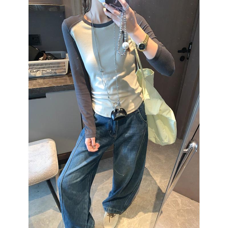 

Mochie Niche American Color Block Round Neck Slimming Long Sleeve T-shirt MQ0963 Small