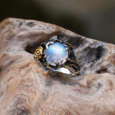 European Style Women Rings Rose Gold Tone Leaf Pattern Synthetic Moonstone Silver Jewelry