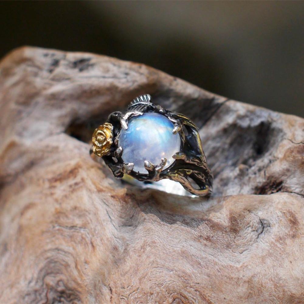 

European Style Women Rings Rose Gold Tone Leaf Pattern Synthetic Moonstone Silver Jewelry no. 6