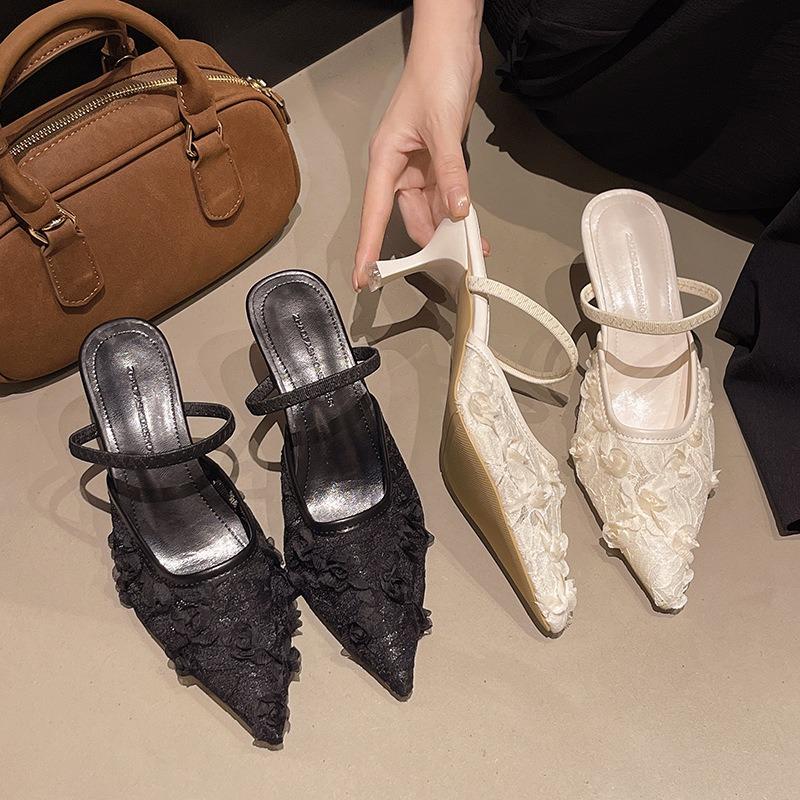 Temperament Pointed Head Gentle High Heel Slippers Women's New Fashion Bag Head Half Drag Thin Heel Cool Slippers Women