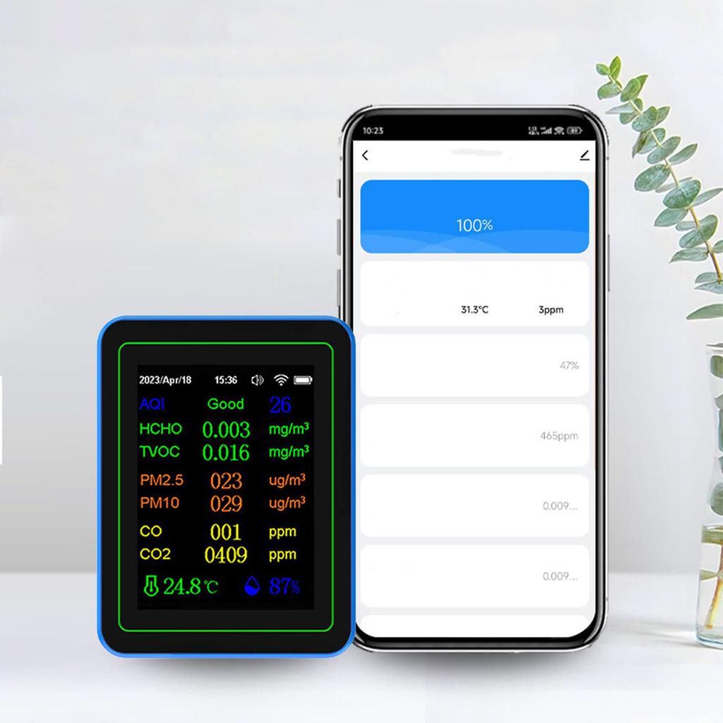 Quality Meter 12 In 1 WiFi CO2 TVOC HCHO Temp Humid Smart Detect Indoor Battery Powered with Time Display