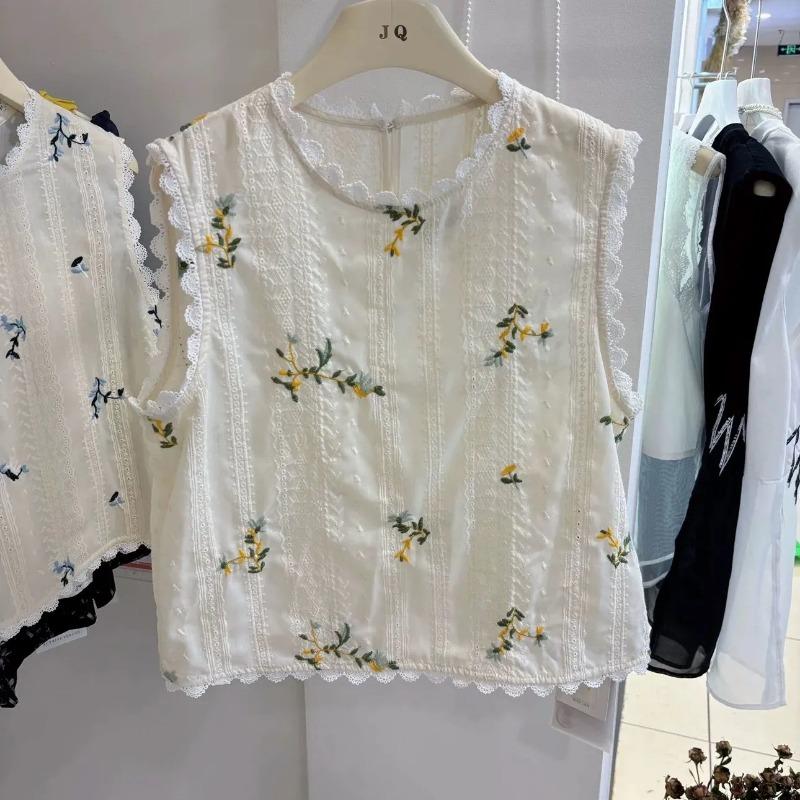 Round Neck Lace Splicing Sleeveless Vest for Women Summer Sweet Embroidered Flowers Casual Versatile Top
