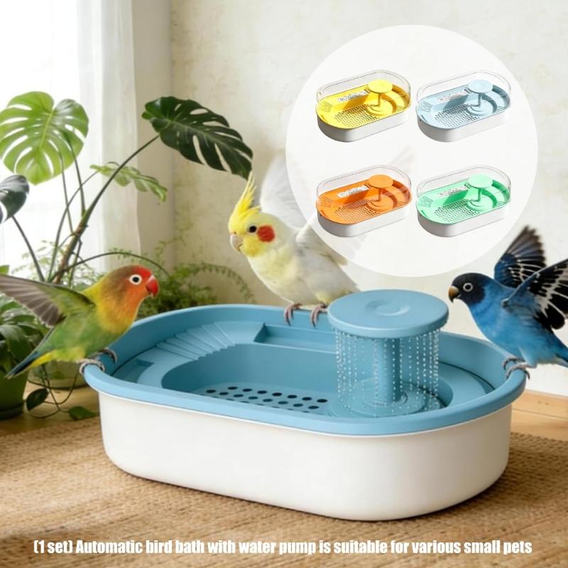 Indoor Bird Bath Tub for Small Companion Birds with Water Pump, Plastic Bath Tray and Clear Wall for Daily Use