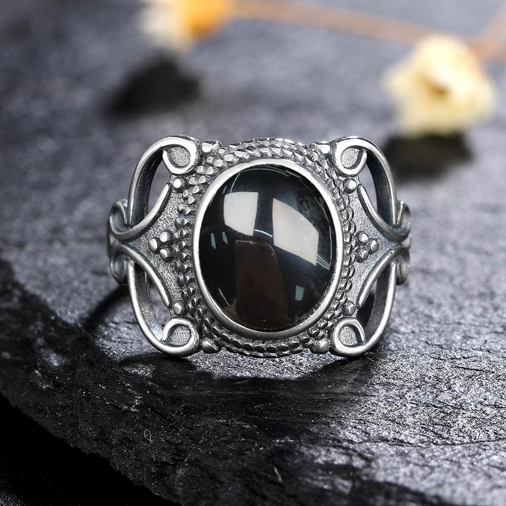 S Silver Ring for Women Oval Round Natural Black Agate Ring Gift Sun Shaped Retro Luxury Fine