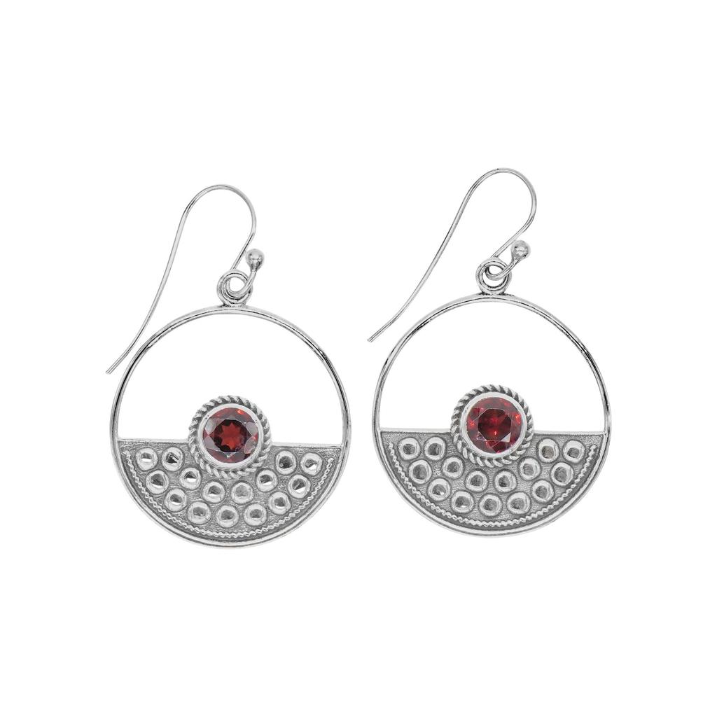 925 Sterling Silver Round Earrings, Red Garnet, Dangle Earrings for Her, Gift
