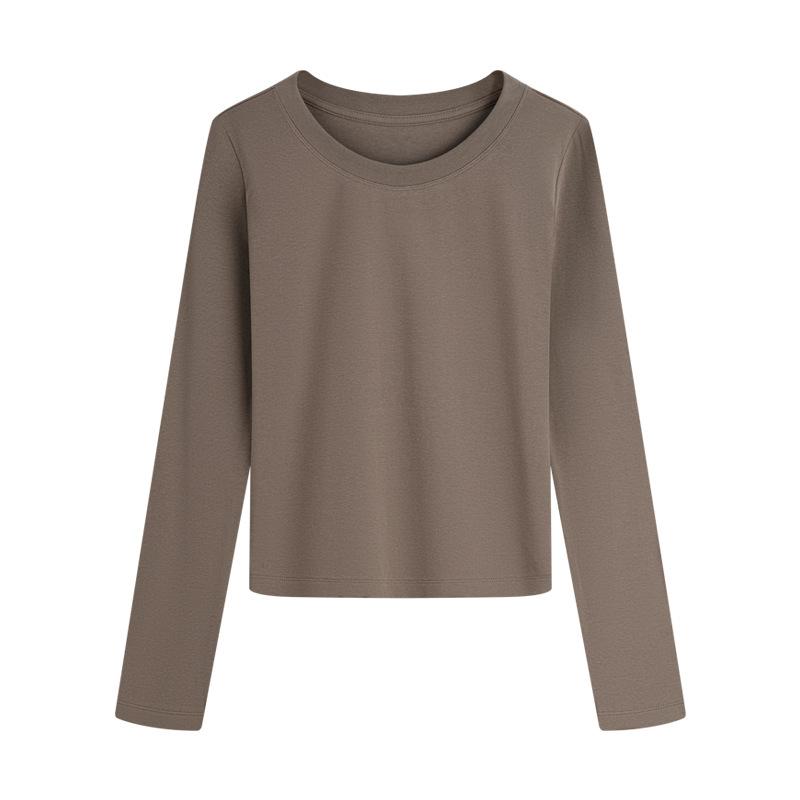 

Round Neck Shoulder Long Sleeved T-shirt for Women in Spring and Autumn, Slim Fit Short Style, Slimming Effect, Inner Top, Pure Desire Style Shirt 3XL