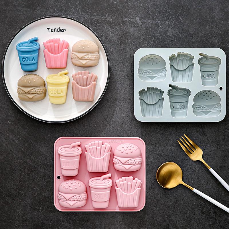 6-Loch Burger Pommes Cola Silikonform Fondant Süßigkeiten Schokolade Form Seife Gelee Epoxidharz Form Kuchen Dekoration Werkzeuge