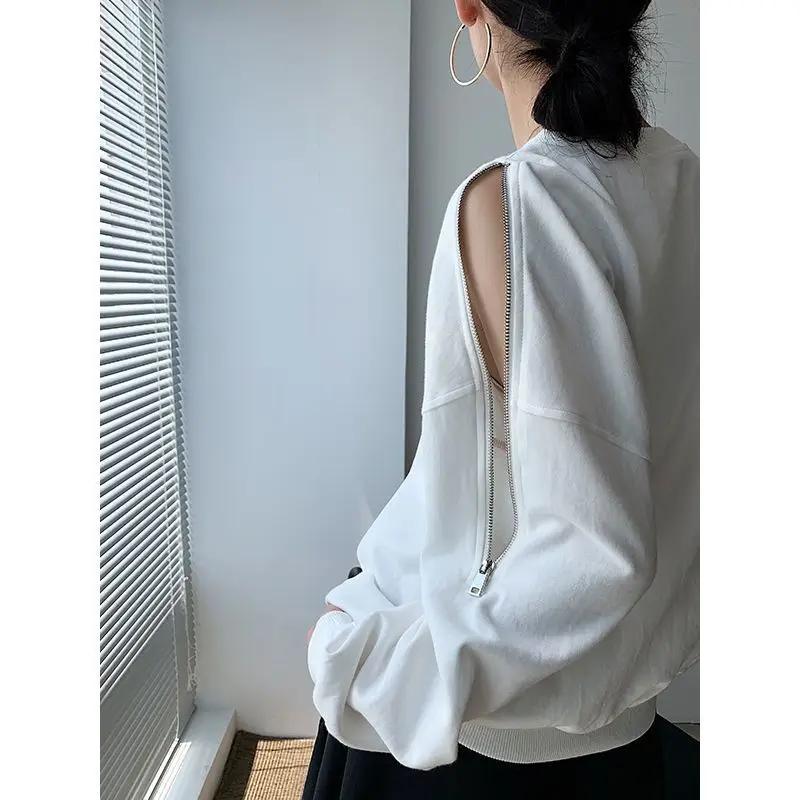 Design Zipper Off-shoulder Long Sleeve Round Neck Loose Top Women's Sweatshirt 2025 New Women's Korean Fashion