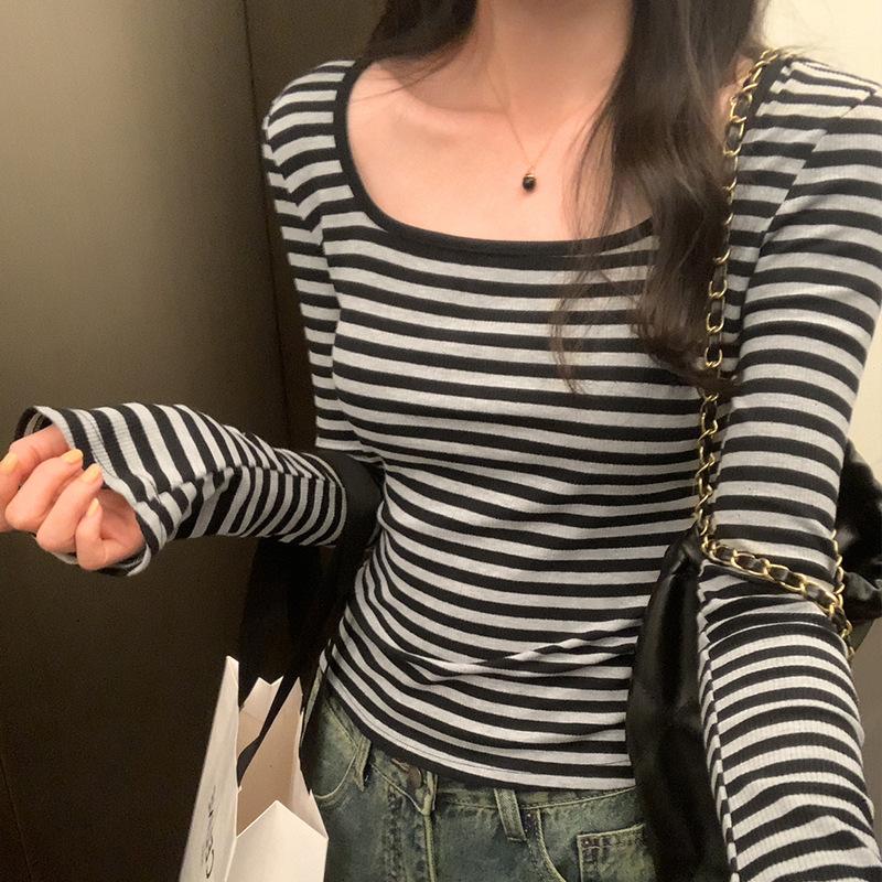 Striped knitwear for women in autumn and winter new style square collar slim fit right shoulder bottoming shirt short inner top