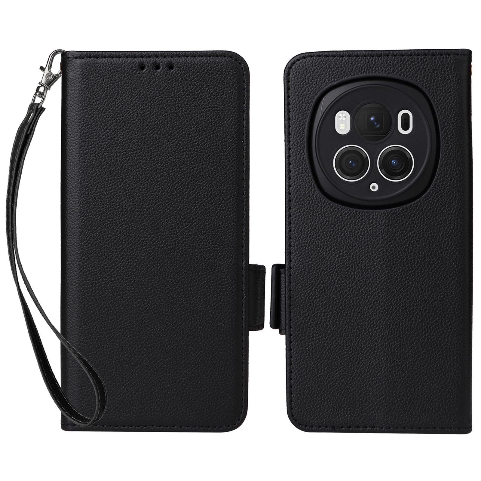 

For Honor Magic6 Pro 5G Case with Wrist Strap Litchi Texture PU Leather Wallet Phone Cover Black
