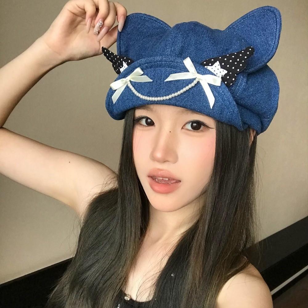 Soft Brim Denim Cat Ear Beret Angel's Wings Octagonal Hat New Denim Sun Caps Y2K