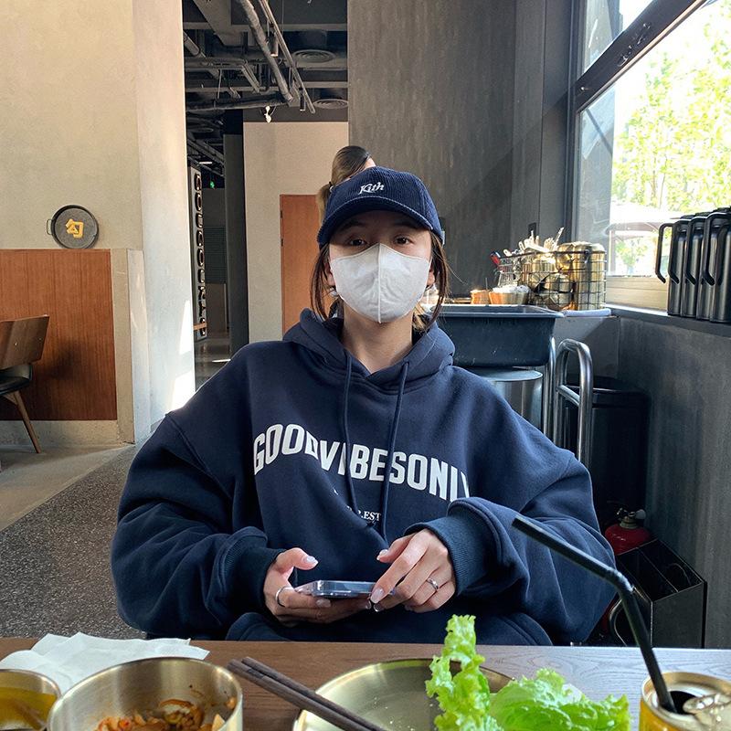 

Осеннее флисовое худи однотонное с надписью, с капюшоном, в корейском стиле, толстовки с длинным рукавом, топ со шнурком, карманы, свободные худи M