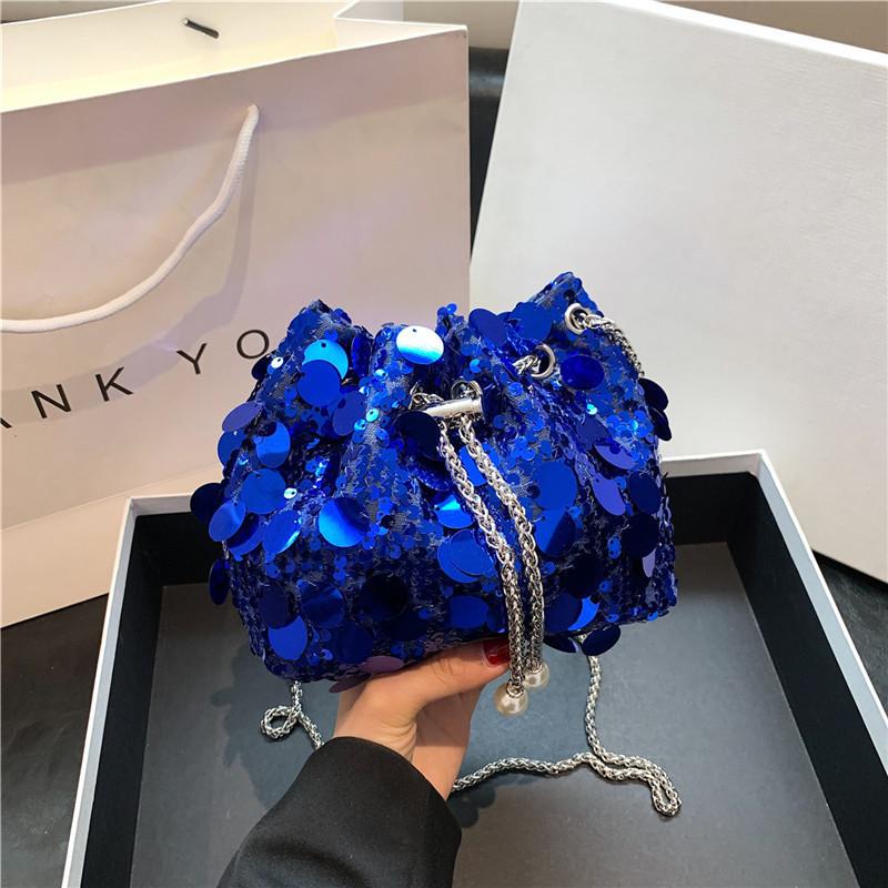 Shiny Fringe Sequin Evening Street Fashion Pu Bucket Bag 2024 New Trendy Chic Drawstring Large Capacity Stylish Handbag