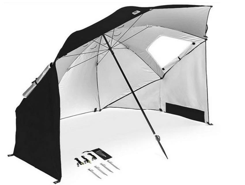 2.4m Dual-Use Outdoor Umbrella Tent with Mesh Window, Portable Beach & Fishing Shelter, Silver-Coated for Sun Protection