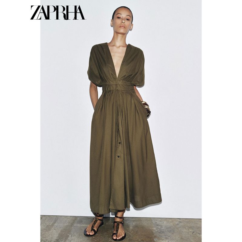 Zaprha 2025 Summer New Fashion Pleated V-neck Drop Shoulder Short Sleeve Waist Hugging Midi Dress 2965260