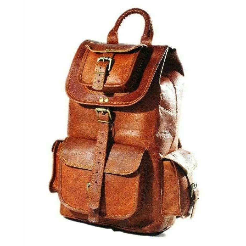Goat Leather Bag Backpack Rucksack Vintage Genuine Laptop Brown Travel New Men's